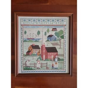 80s Needlepoint Crosstitch Cathy Needlecraft Colonial Village Framed Sampler